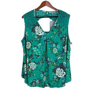 Daniel Rainn Women's Green Floral Flow Tank with Crochet Neckline Size 2X